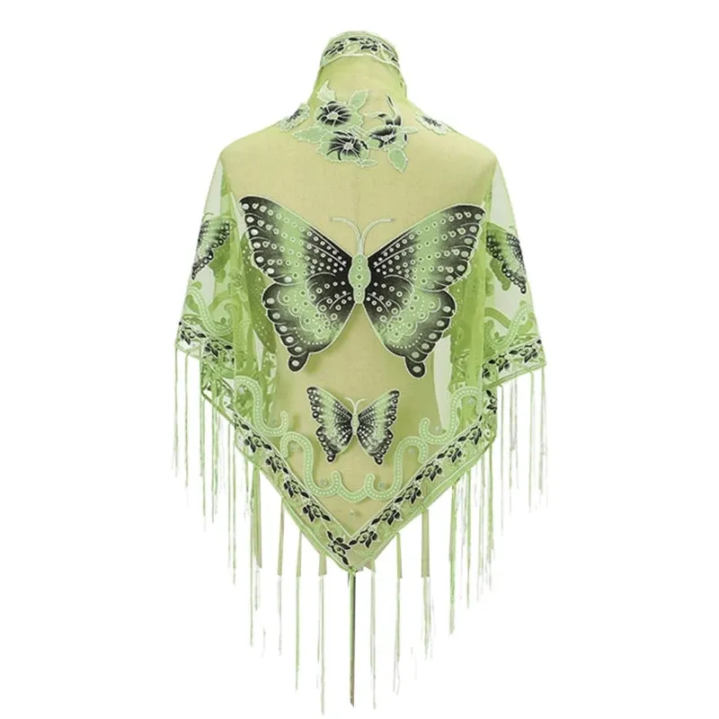 Lace Triangle Scarf Formal Shawls And Wrap For Evening Dresses Butterfly Embroidered Shawl Sheer Shawl With Fringe