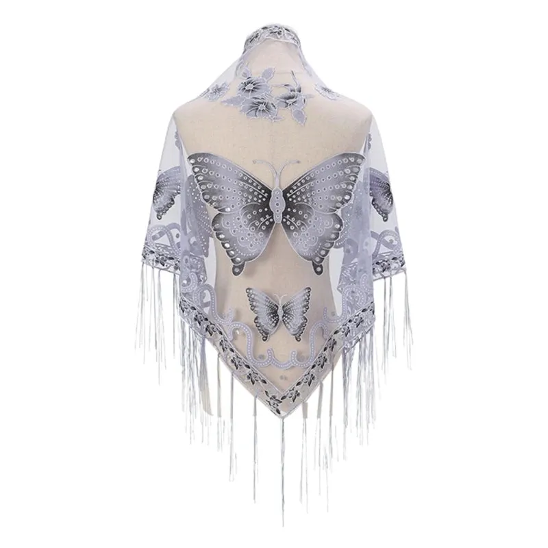 Lace Triangle Scarf Formal Shawls And Wrap For Evening Dresses Butterfly Embroidered Shawl Sheer Shawl With Fringe
