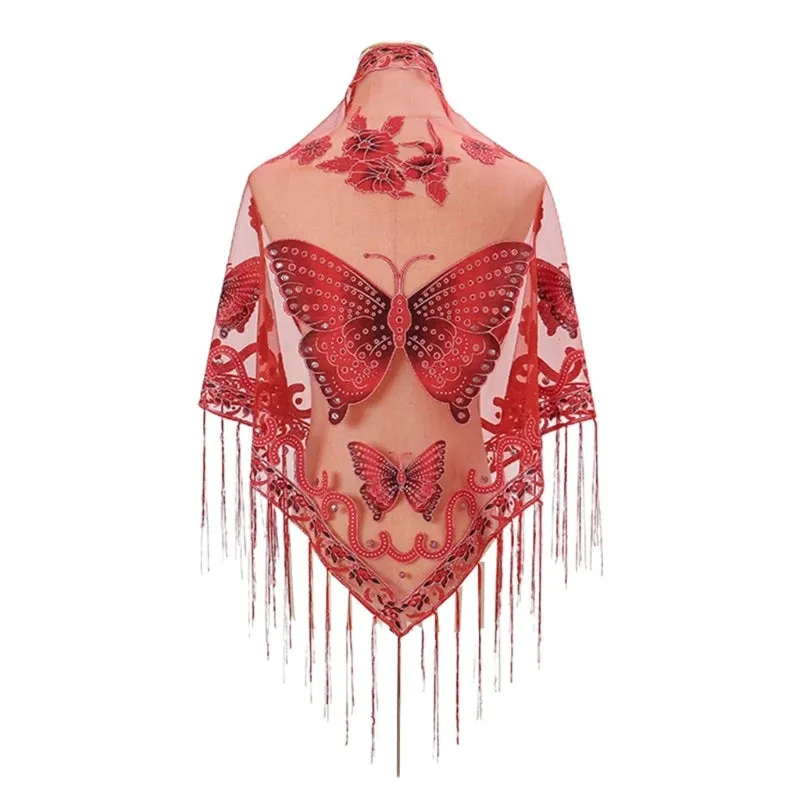 Lace Triangle Scarf Formal Shawls And Wrap For Evening Dresses Butterfly Embroidered Shawl Sheer Shawl With Fringe
