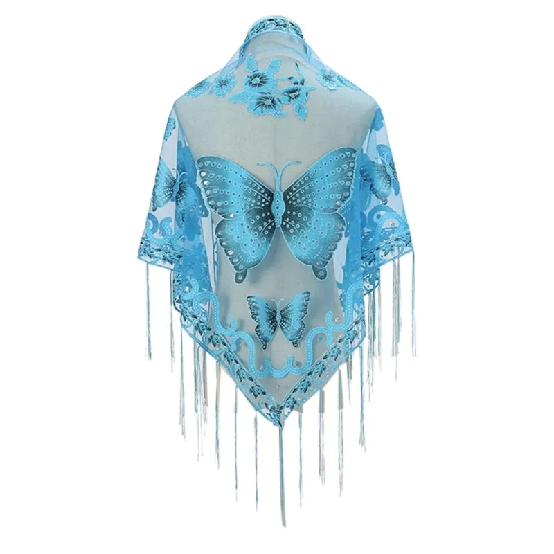 Lace Triangle Scarf Formal Shawls And Wrap For Evening Dresses Butterfly Embroidered Shawl Sheer Shawl With Fringe