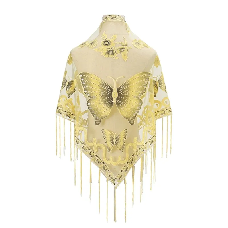 Lace Triangle Scarf Formal Shawls And Wrap For Evening Dresses Butterfly Embroidered Shawl Sheer Shawl With Fringe