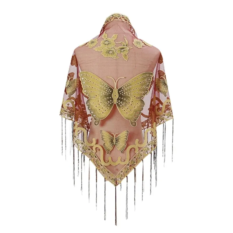 Lace Triangle Scarf Formal Shawls And Wrap For Evening Dresses Butterfly Embroidered Shawl Sheer Shawl With Fringe