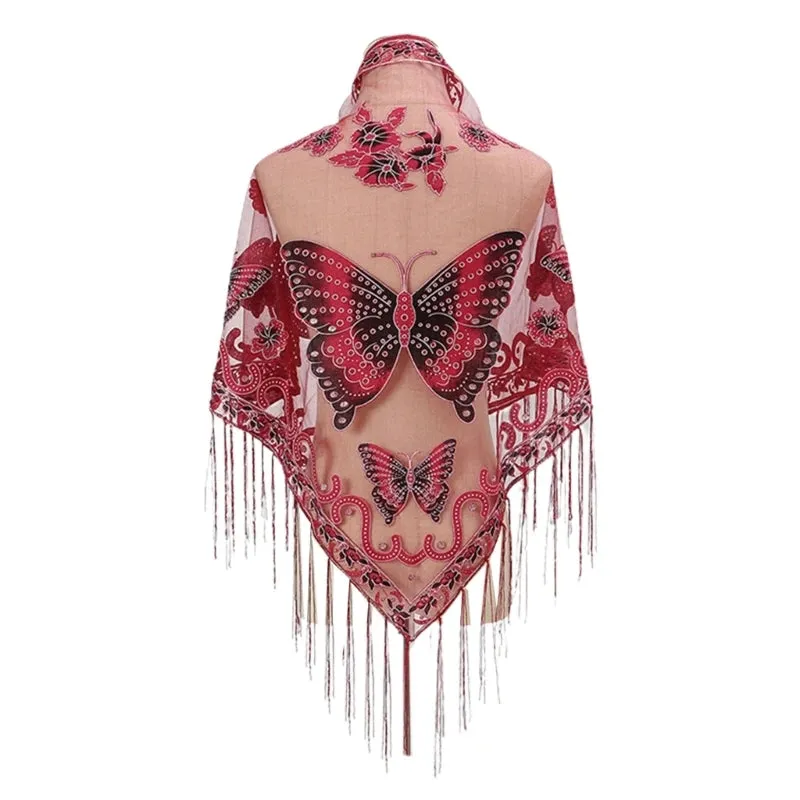 Lace Triangle Scarf Formal Shawls And Wrap For Evening Dresses Butterfly Embroidered Shawl Sheer Shawl With Fringe