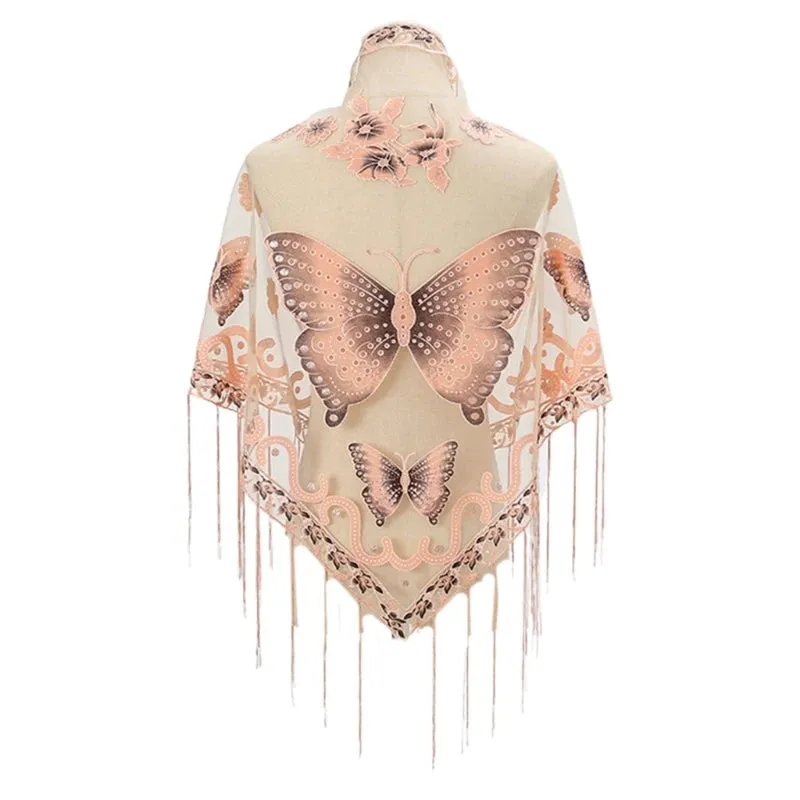 Lace Triangle Scarf Formal Shawls And Wrap For Evening Dresses Butterfly Embroidered Shawl Sheer Shawl With Fringe