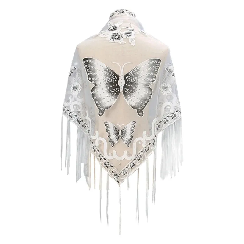 Lace Triangle Scarf Formal Shawls And Wrap For Evening Dresses Butterfly Embroidered Shawl Sheer Shawl With Fringe