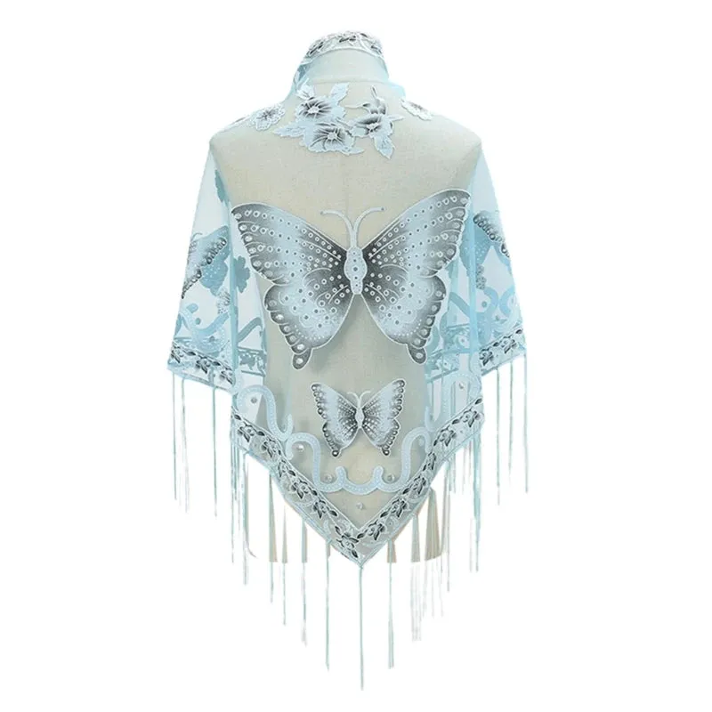 Lace Triangle Scarf Formal Shawls And Wrap For Evening Dresses Butterfly Embroidered Shawl Sheer Shawl With Fringe