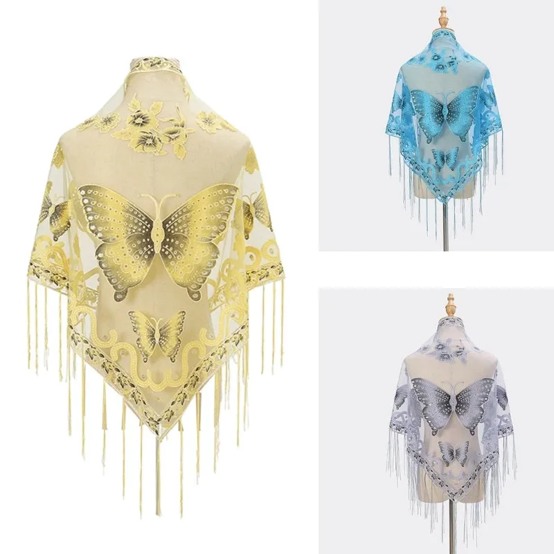 Lace Triangle Scarf Formal Shawls And Wrap For Evening Dresses Butterfly Embroidered Shawl Sheer Shawl With Fringe