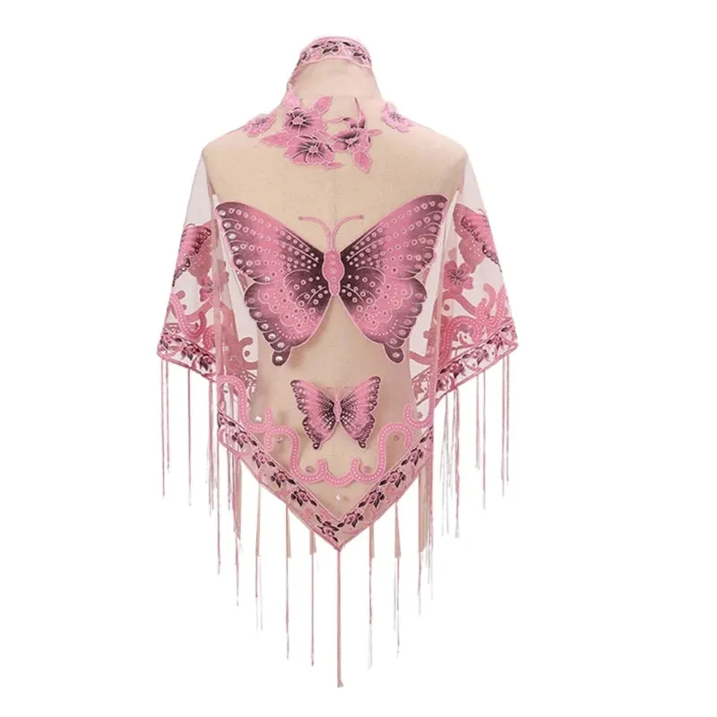 Lace Triangle Scarf Formal Shawls And Wrap For Evening Dresses Butterfly Embroidered Shawl Sheer Shawl With Fringe