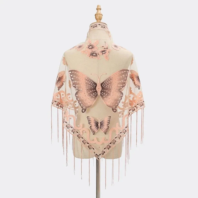 Lace Triangle Scarf Formal Shawls And Wrap For Evening Dresses Butterfly Embroidered Shawl Sheer Shawl With Fringe