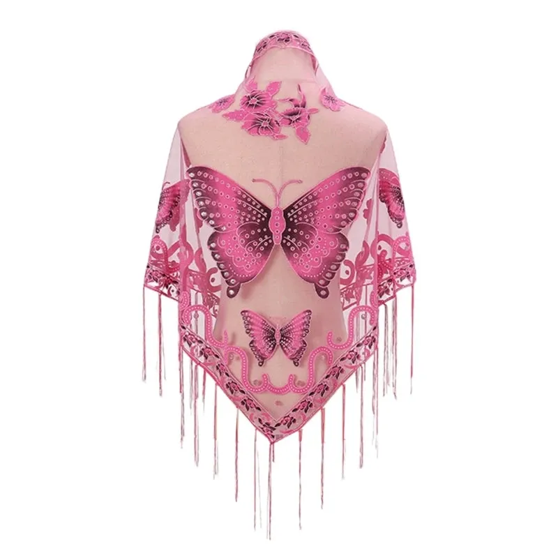 Lace Triangle Scarf Formal Shawls And Wrap For Evening Dresses Butterfly Embroidered Shawl Sheer Shawl With Fringe