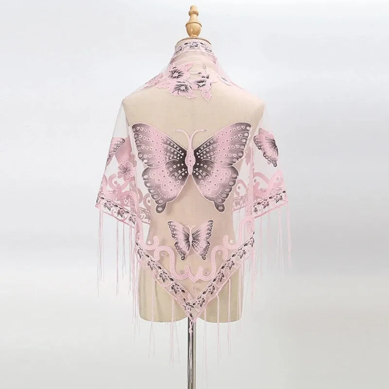 Lace Triangle Scarf Formal Shawls And Wrap For Evening Dresses Butterfly Embroidered Shawl Sheer Shawl With Fringe