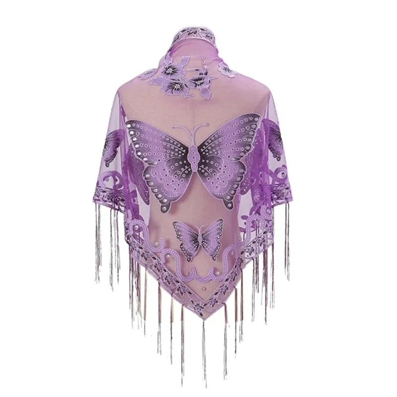 Lace Triangle Scarf Formal Shawls And Wrap For Evening Dresses Butterfly Embroidered Shawl Sheer Shawl With Fringe