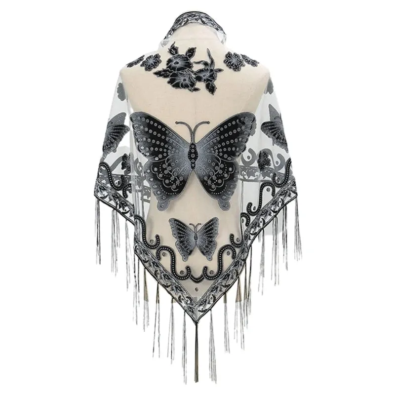 Lace Triangle Scarf Formal Shawls And Wrap For Evening Dresses Butterfly Embroidered Shawl Sheer Shawl With Fringe