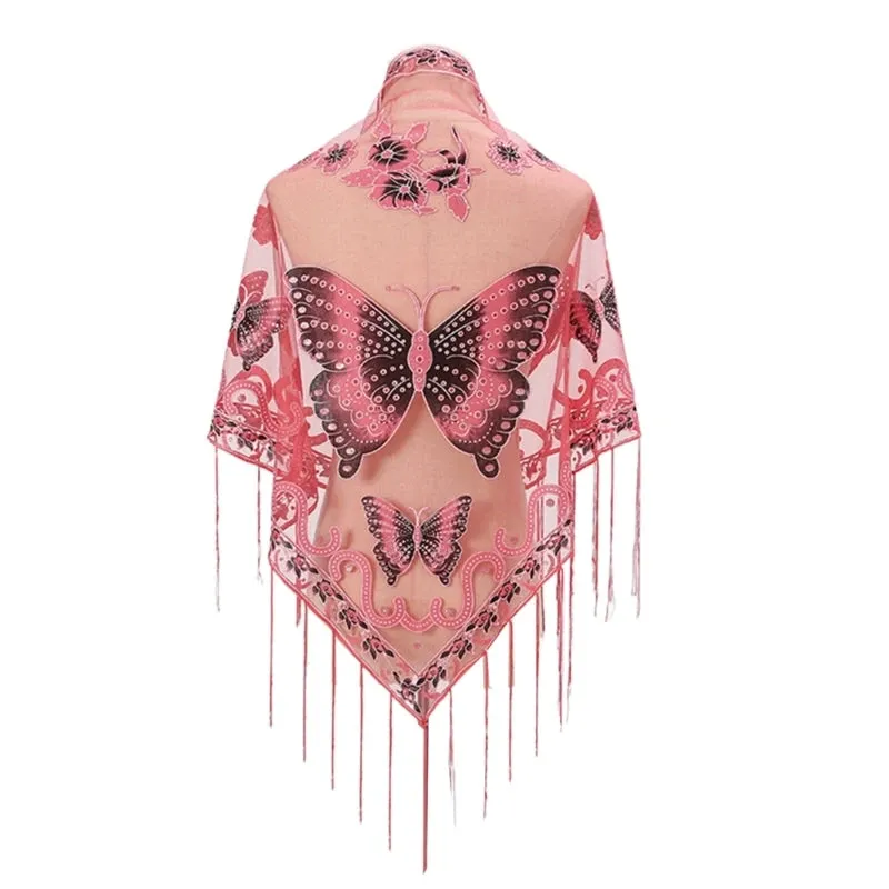 Lace Triangle Scarf Formal Shawls And Wrap For Evening Dresses Butterfly Embroidered Shawl Sheer Shawl With Fringe