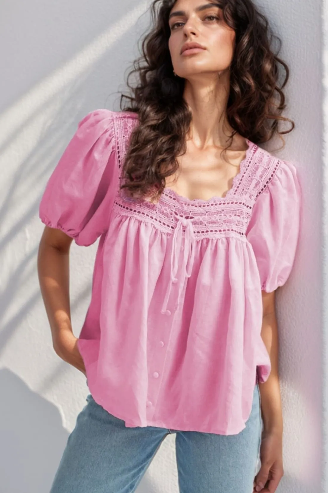Lace Trim Cotton Puff Sleeve Blouse - Pre-Order