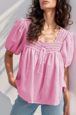 Lace Trim Cotton Puff Sleeve Blouse - Pre-Order