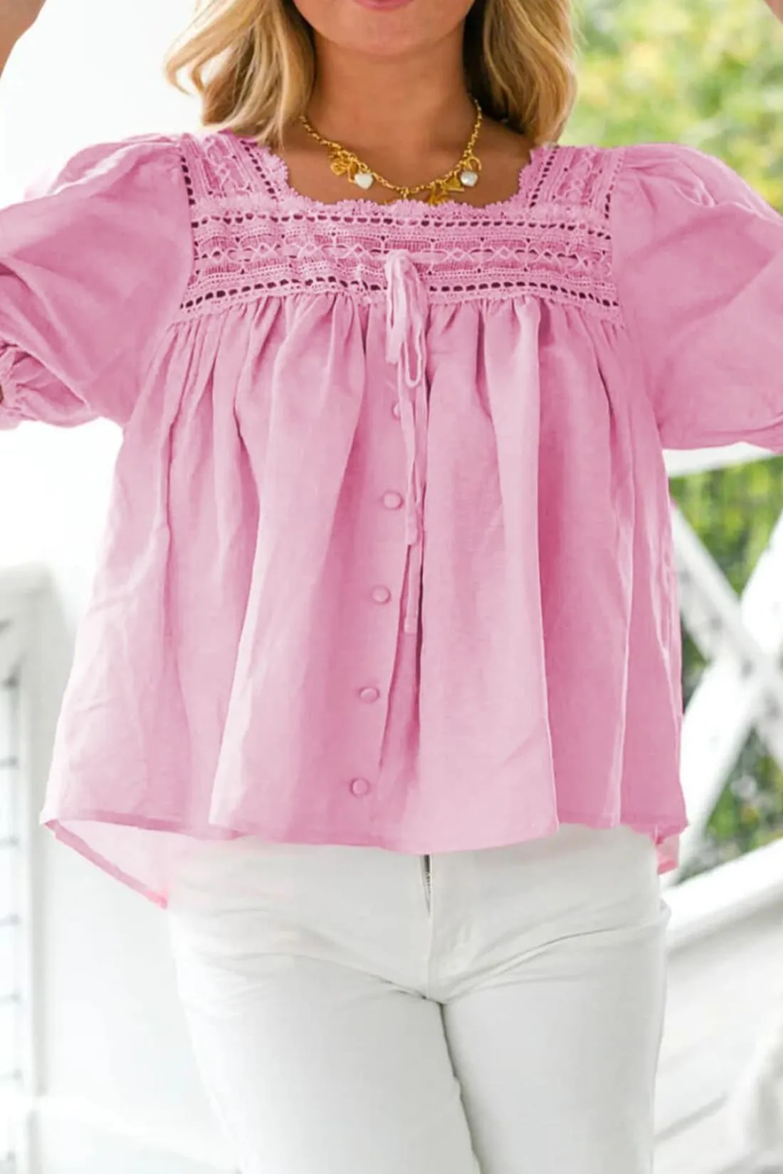 Lace Trim Cotton Puff Sleeve Blouse - Pre-Order