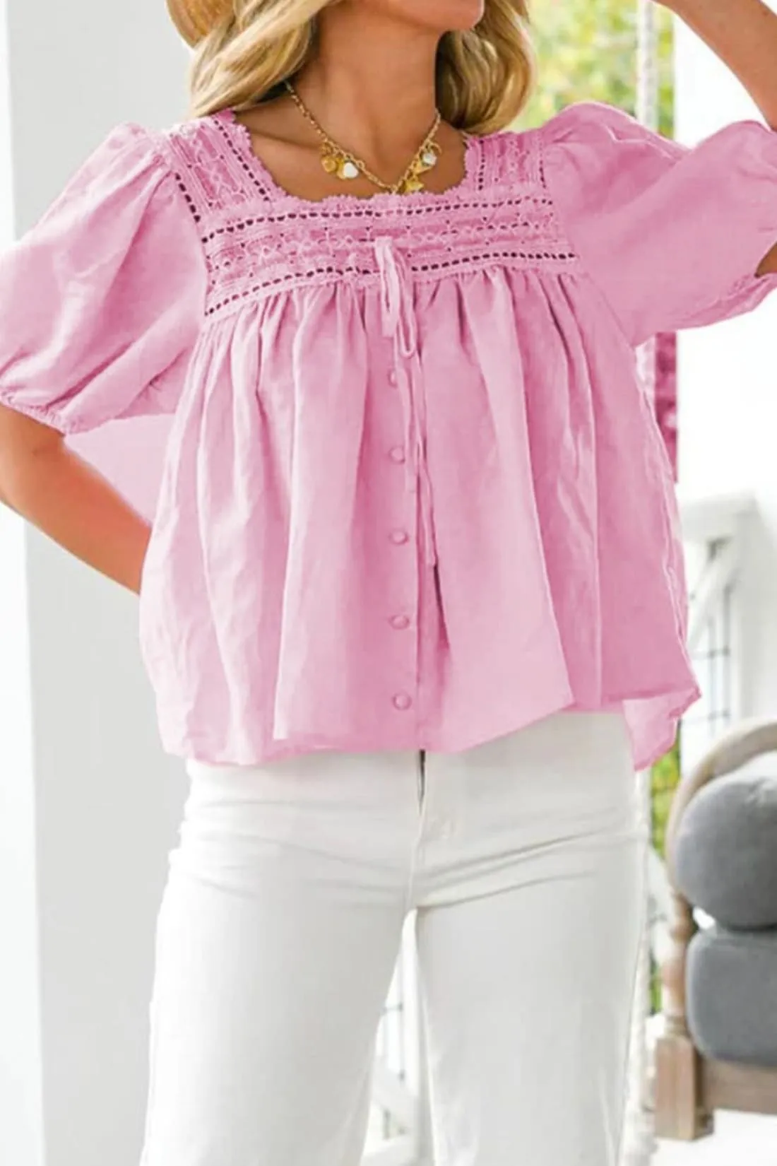 Lace Trim Cotton Puff Sleeve Blouse - Pre-Order