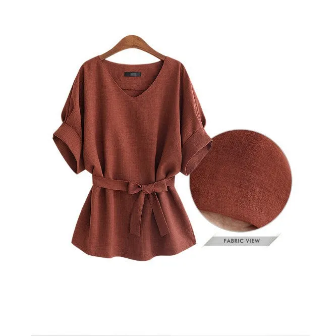 Lace-up Waist Slimming Short Sleeve Cotton Shirt