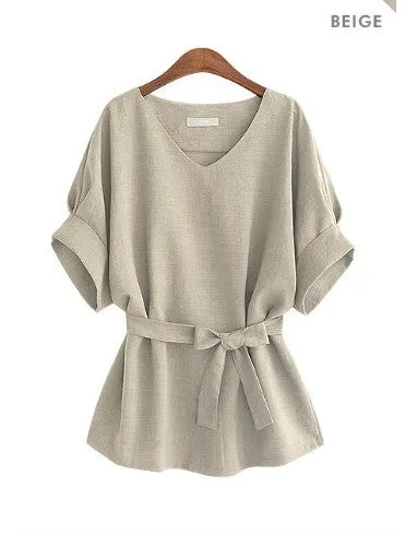 Lace-up Waist Slimming Short Sleeve Cotton Shirt