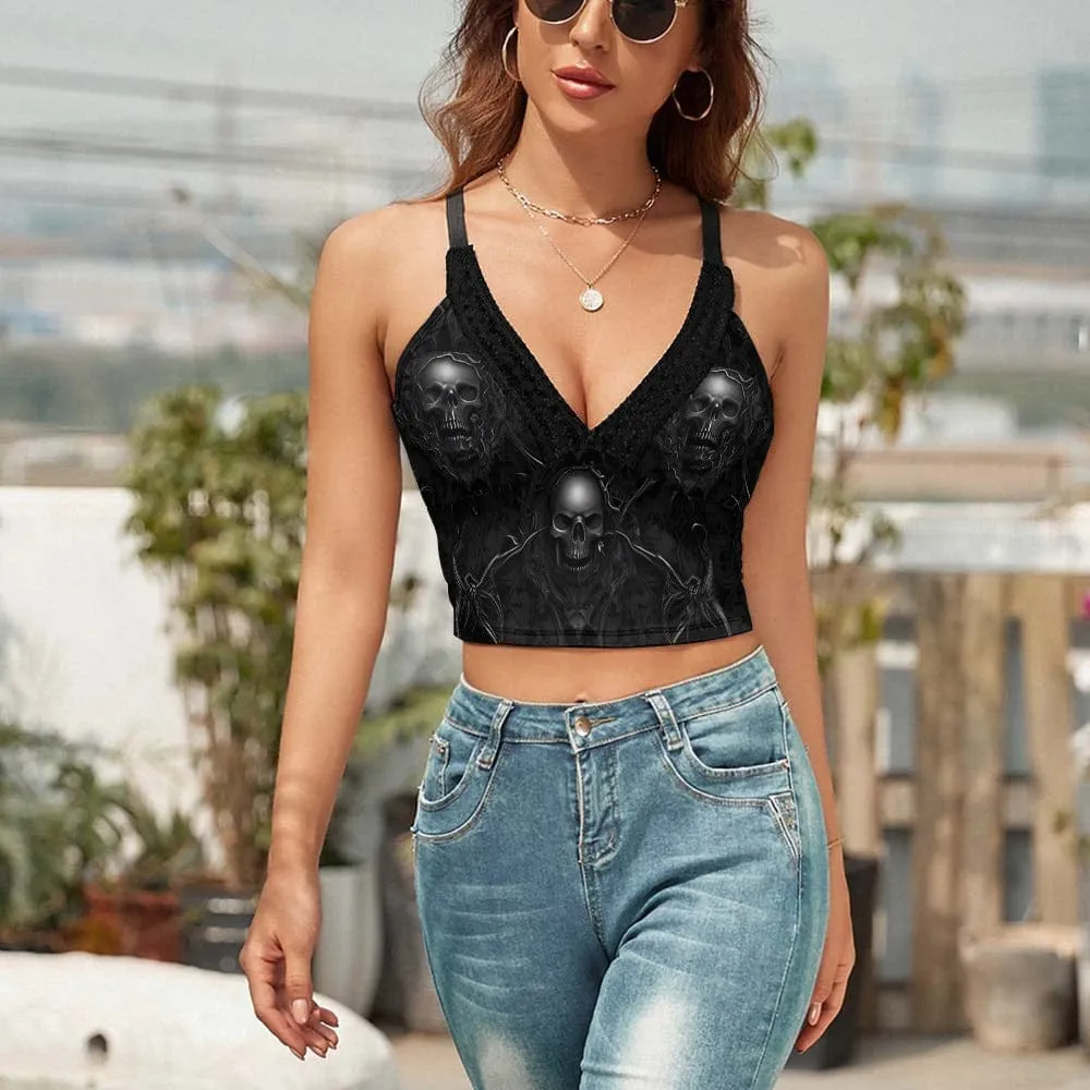 Ladies Black Skulls V-Neck Camisole Tank Top