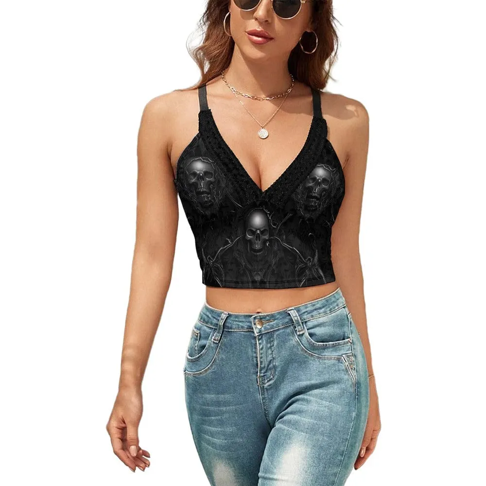 Ladies Black Skulls V-Neck Camisole Tank Top