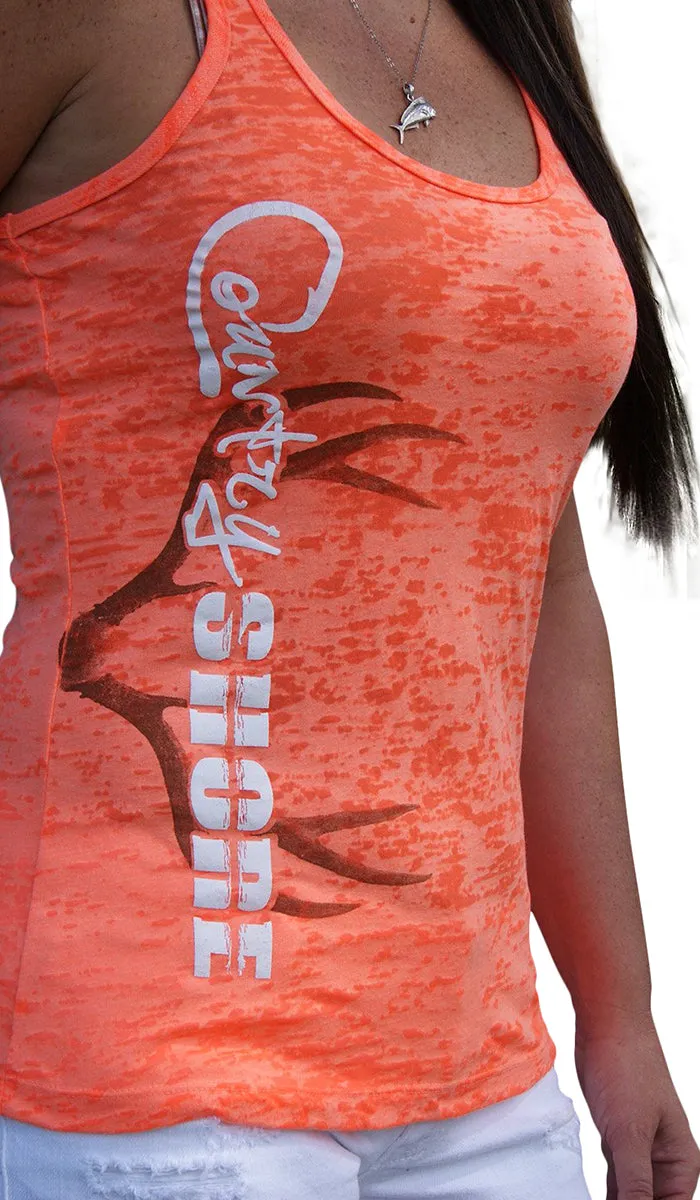 Ladies Tank Top - Burnout Orange  - Deer Antlers - Country Shore Outfitters