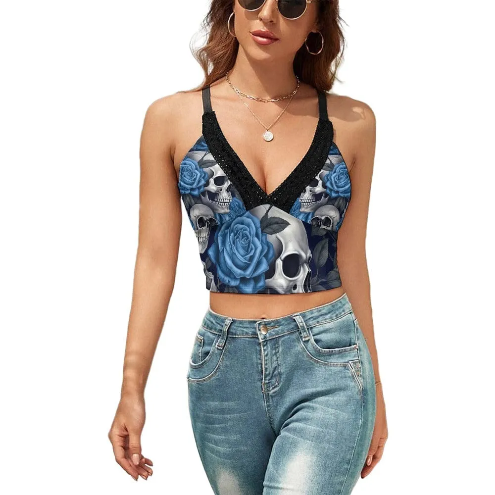 Ladies V-Neck Blue Roses & Skull Camisole Top
