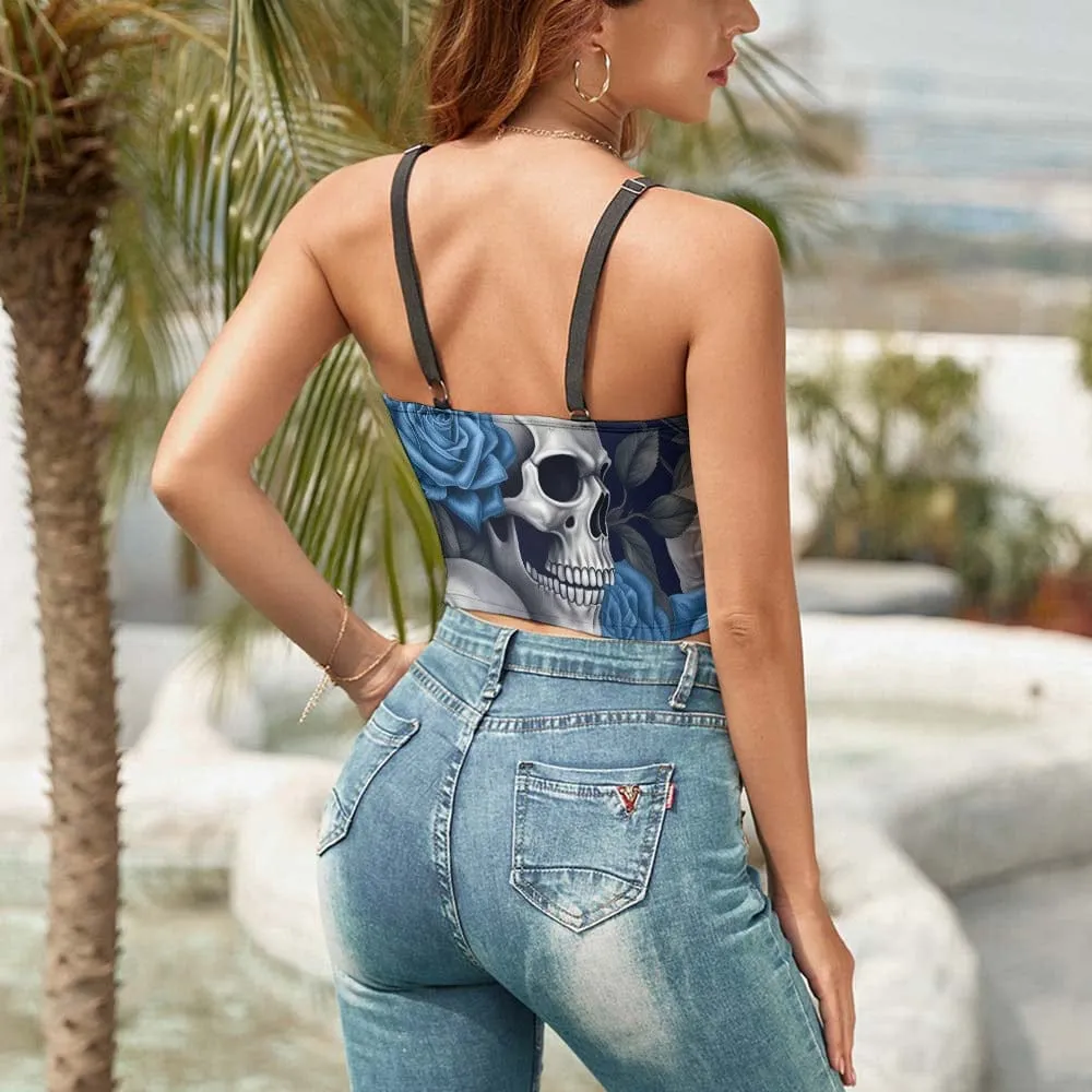 Ladies V-Neck Blue Roses & Skull Camisole Top