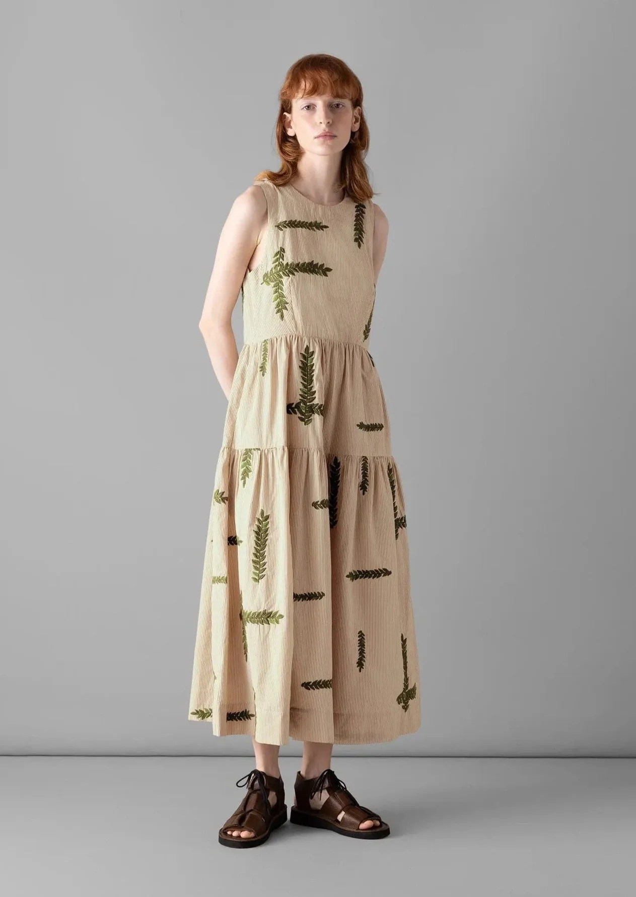 Leaf Embroidered Stripe Poplin Dress, Garden Leaf