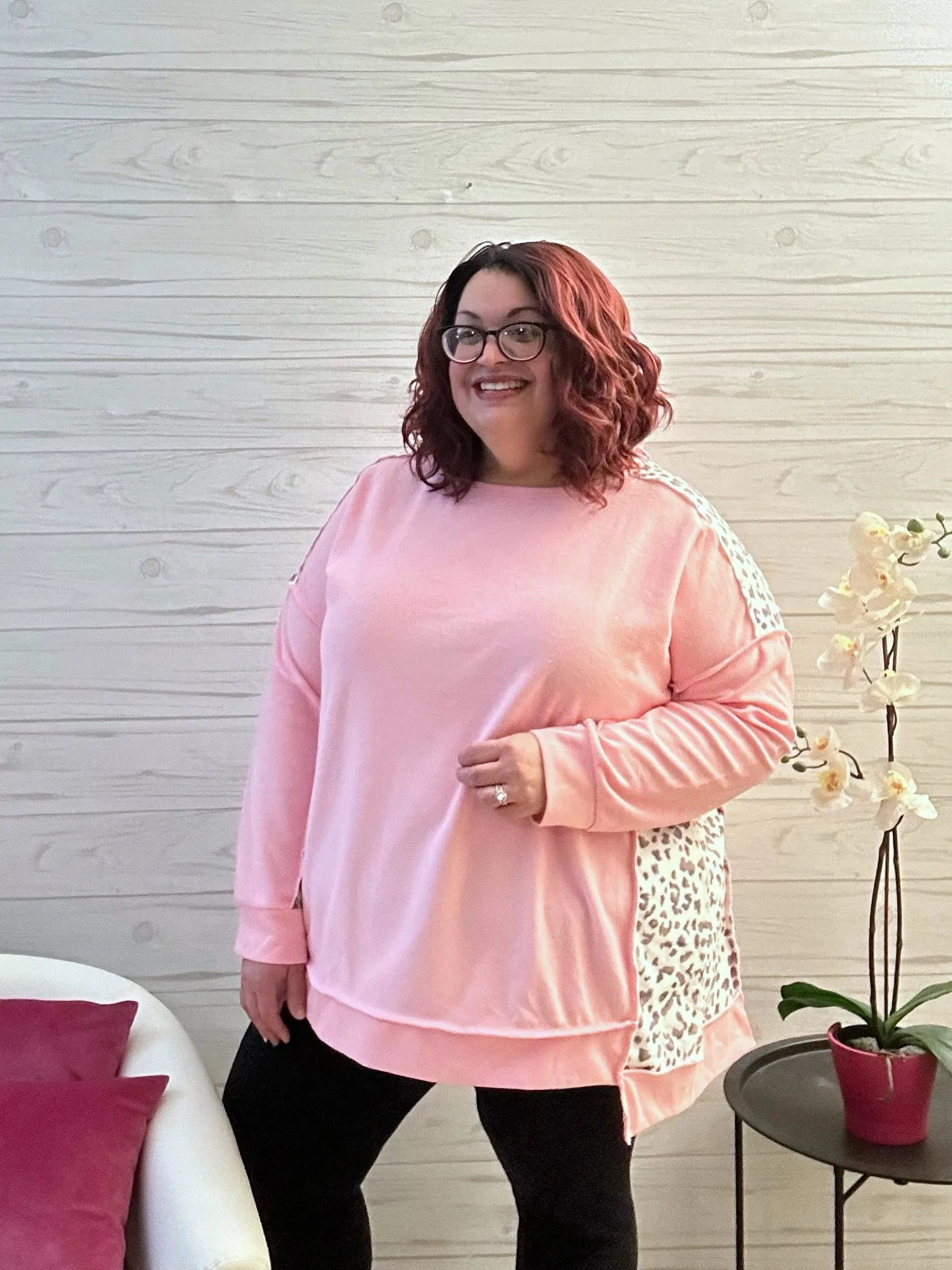 Leopard Exposed Seam Long Sleeve Sweatshirt