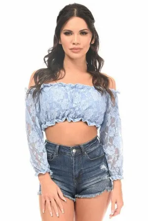 Light Blue Lined Lace Long Sleeve Peasant Top