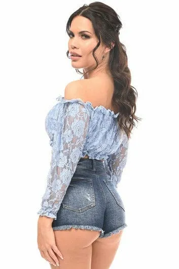 Light Blue Lined Lace Long Sleeve Peasant Top