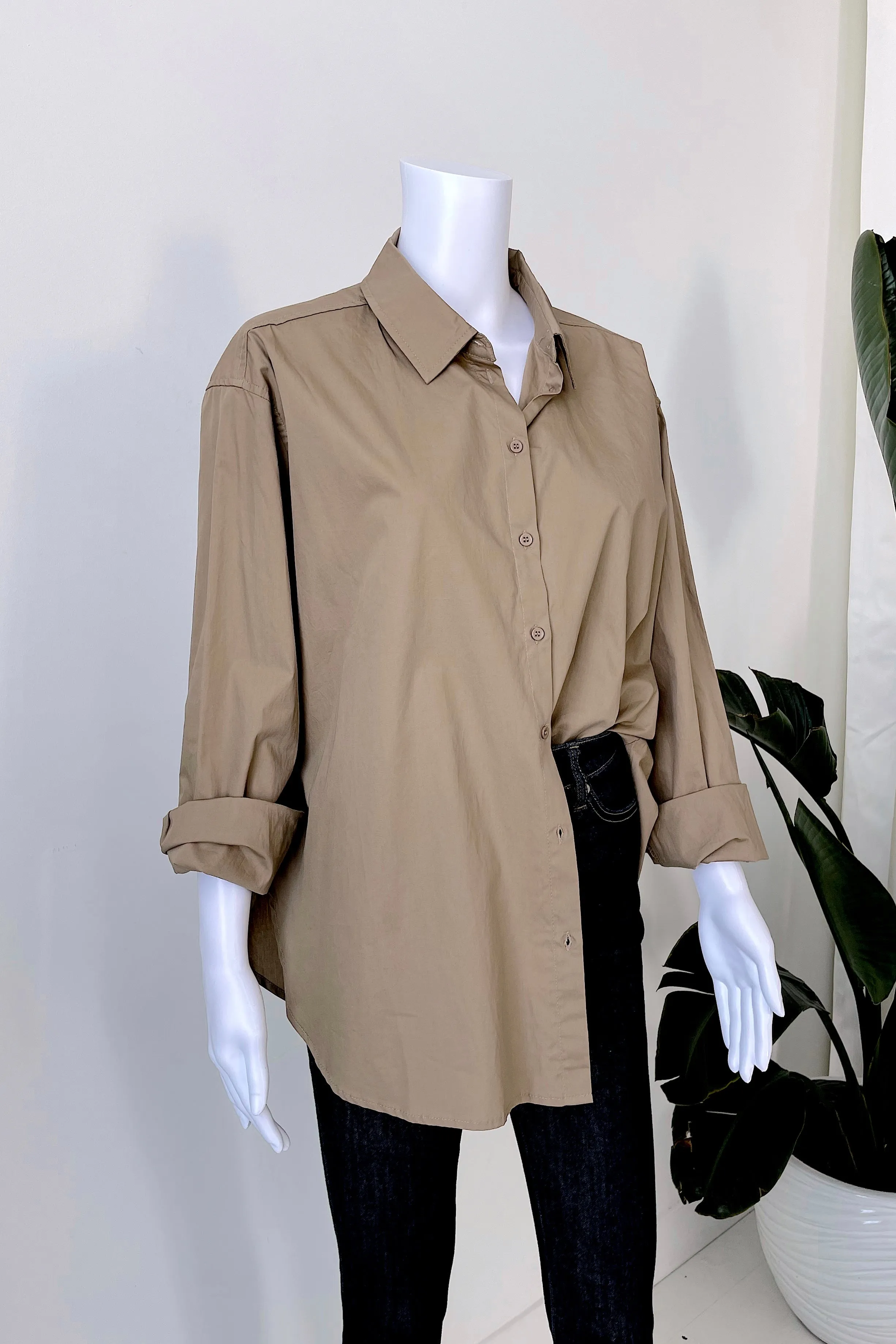LIV BUTTON DOWN CAREER SHIRT IN MOCHA