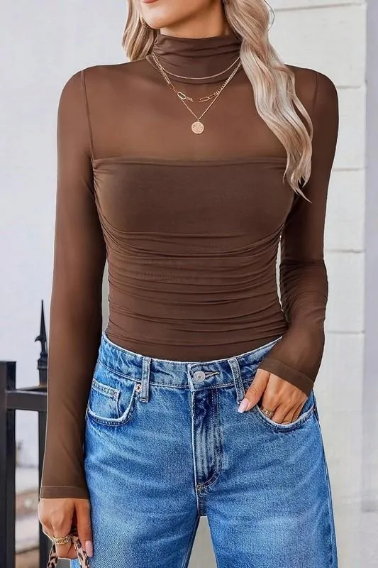 Long sleeve brown sheer mesh high neck top