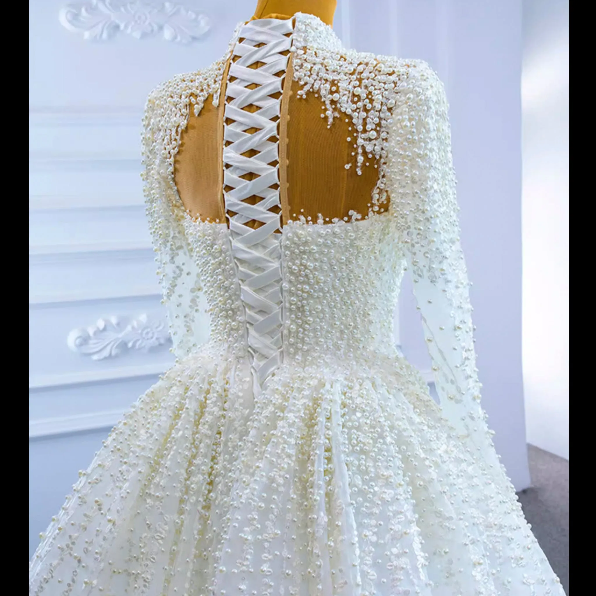Long Sleeve High O Neck Pearl Wedding Dress with Overskirt