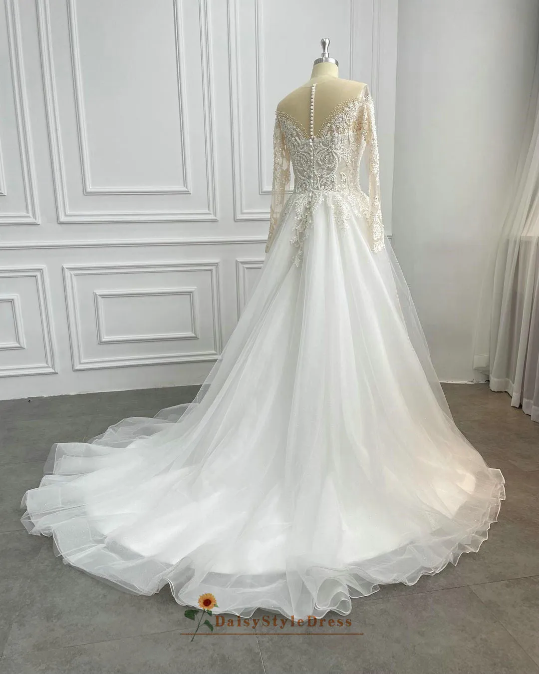 Long Sleeve Sheer Beaded Wedding Dress