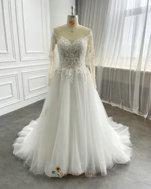 Long Sleeve Sheer Beaded Wedding Dress