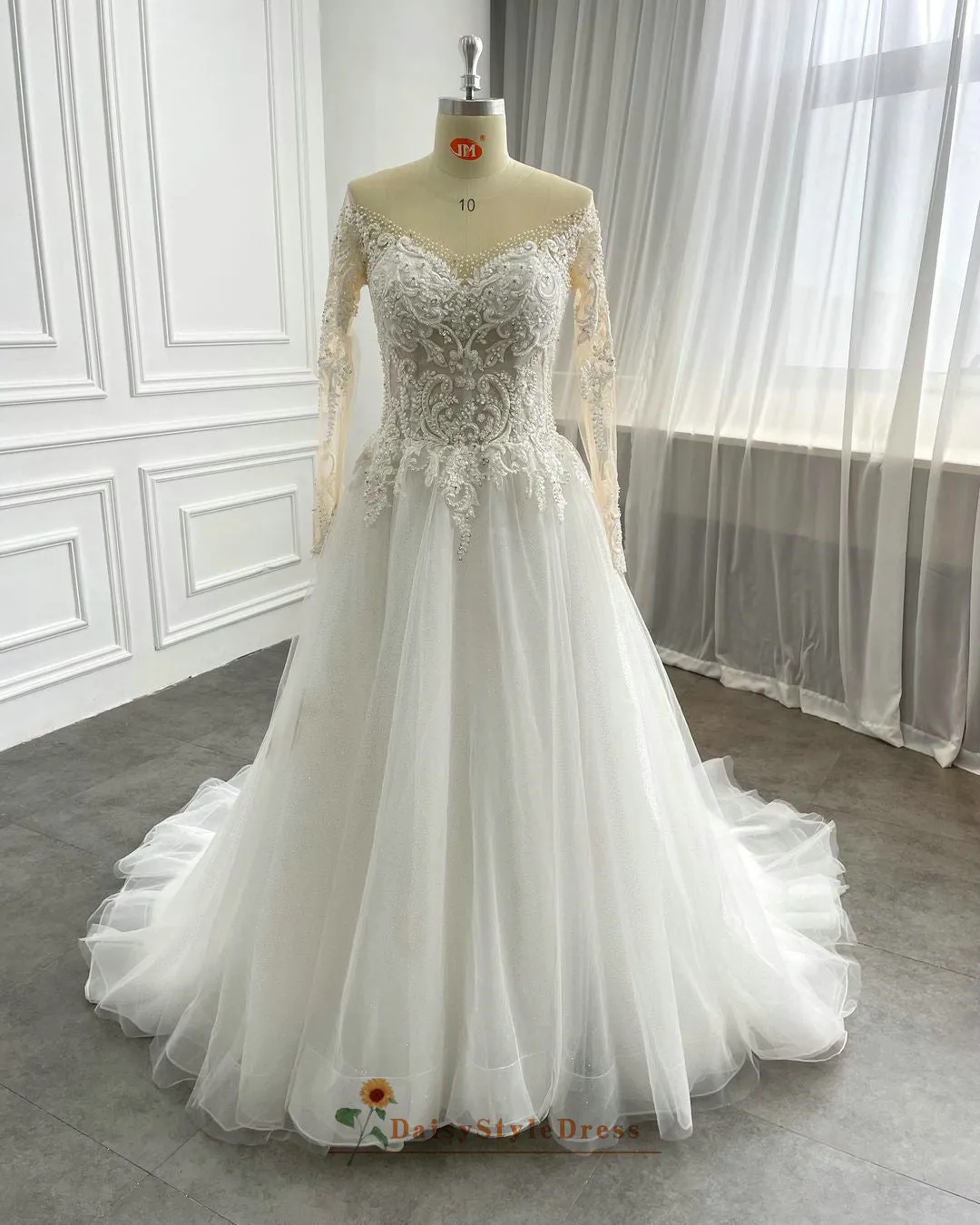 Long Sleeve Sheer Beaded Wedding Dress