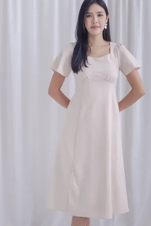 Lorelei Flutter Sleeve Slit Midi Dress In Ecru