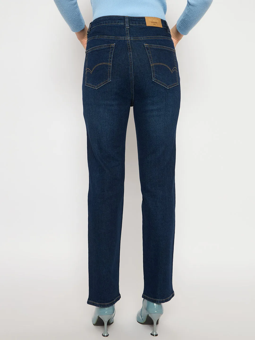 Madame Cotton Blend Stone Wash Straight Fit Dark Blue Denim Jeans