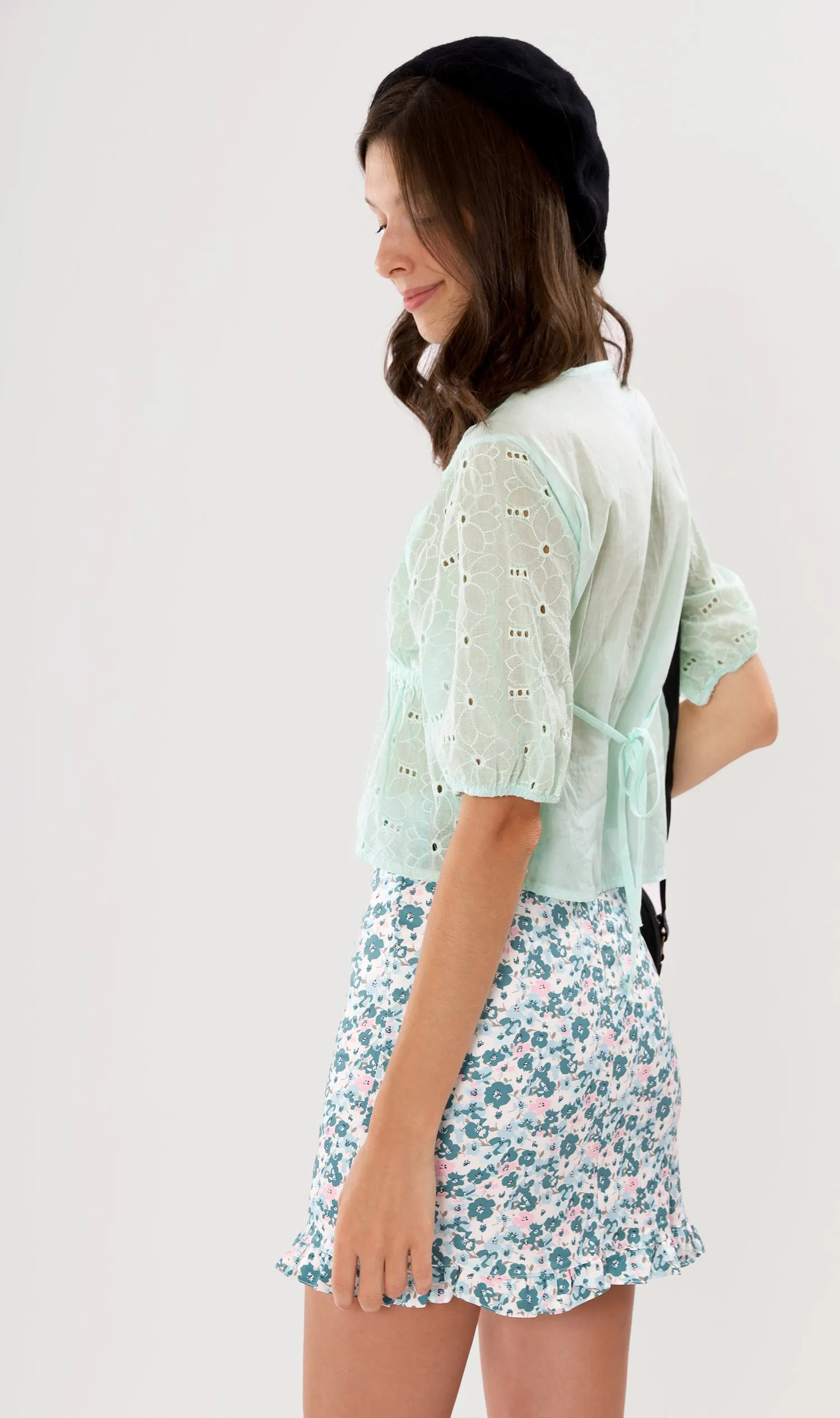 MICAELA Buttoned Eyelet Peplum Top (Mint)