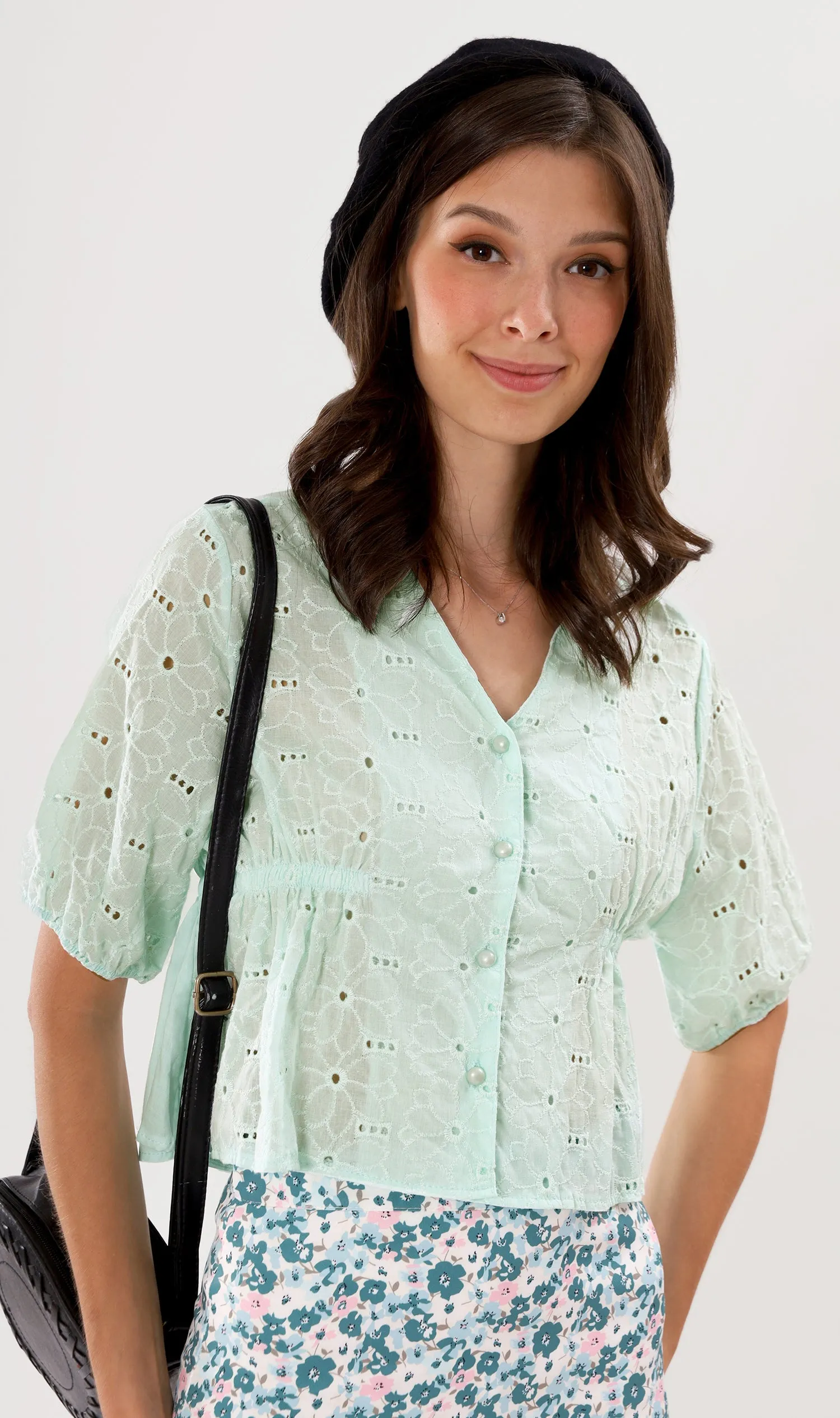 MICAELA Buttoned Eyelet Peplum Top (Mint)