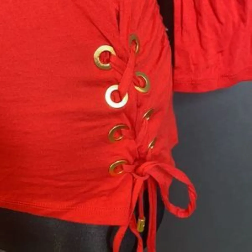 MICHAEL KORS BLOUSE RED LACE UP GROMMET KNIT TOP-Small