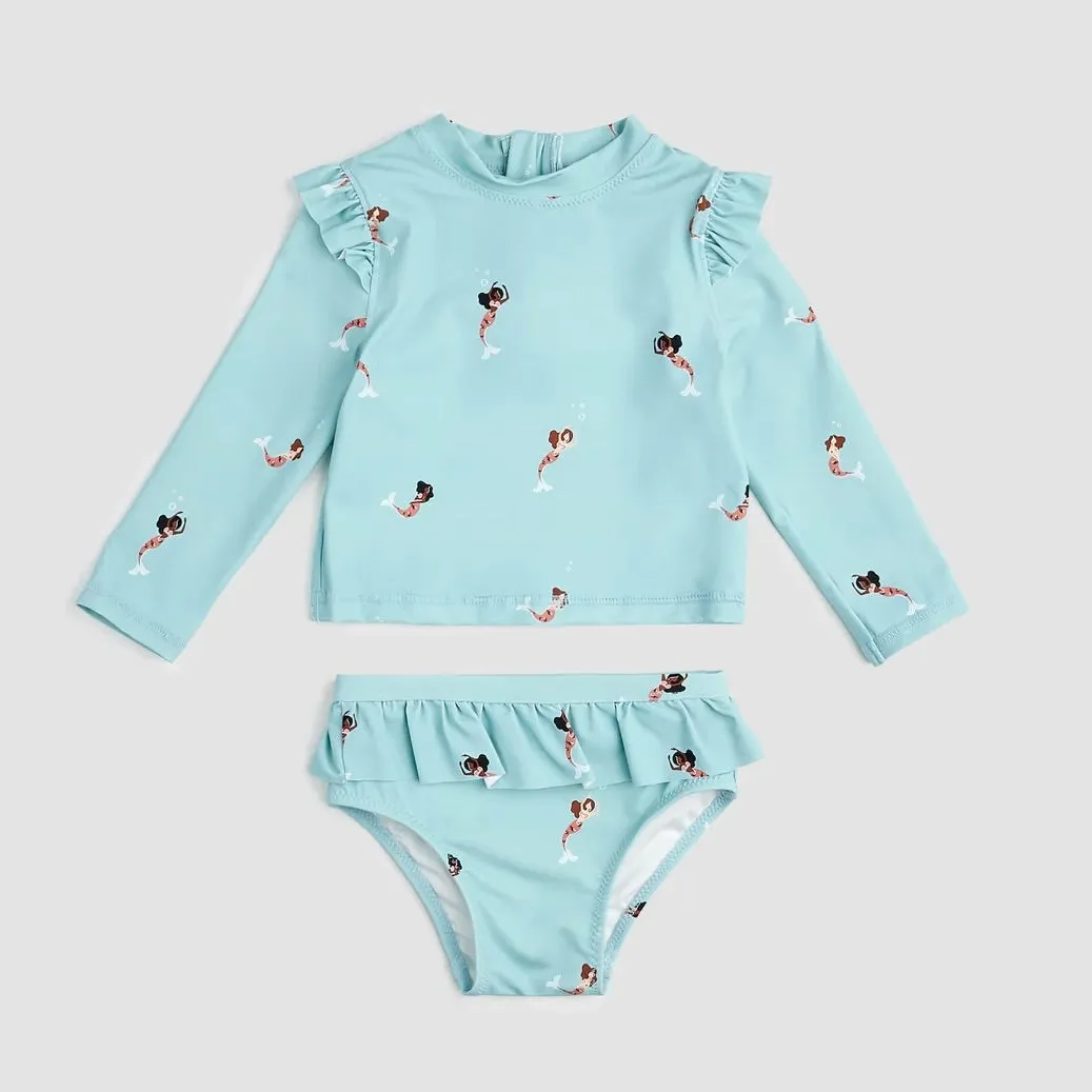 Miles The Label - Mermaid Print On Aqua Long-Sleeve Rashguard Swim Set