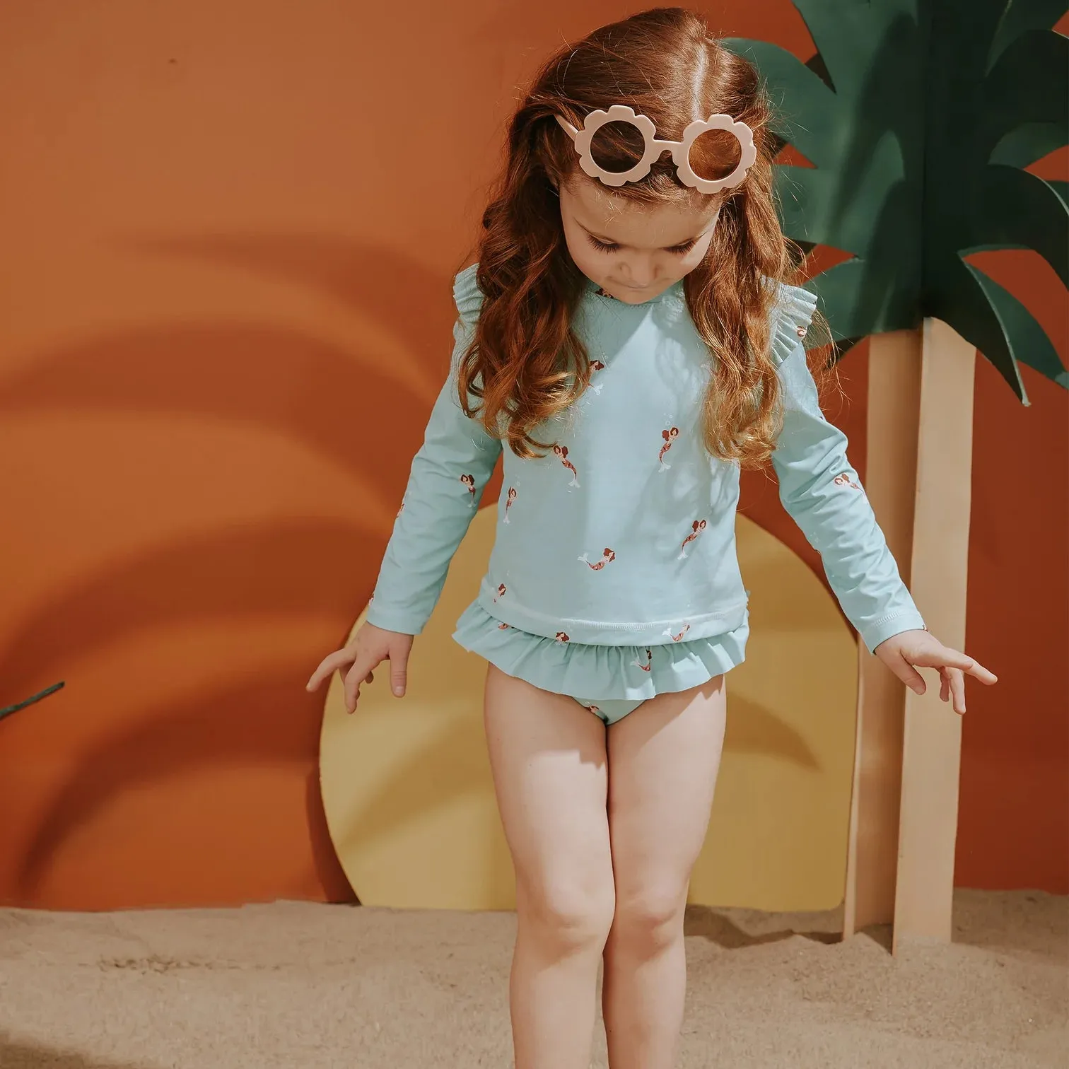 Miles The Label - Mermaid Print On Aqua Long-Sleeve Rashguard Swim Set