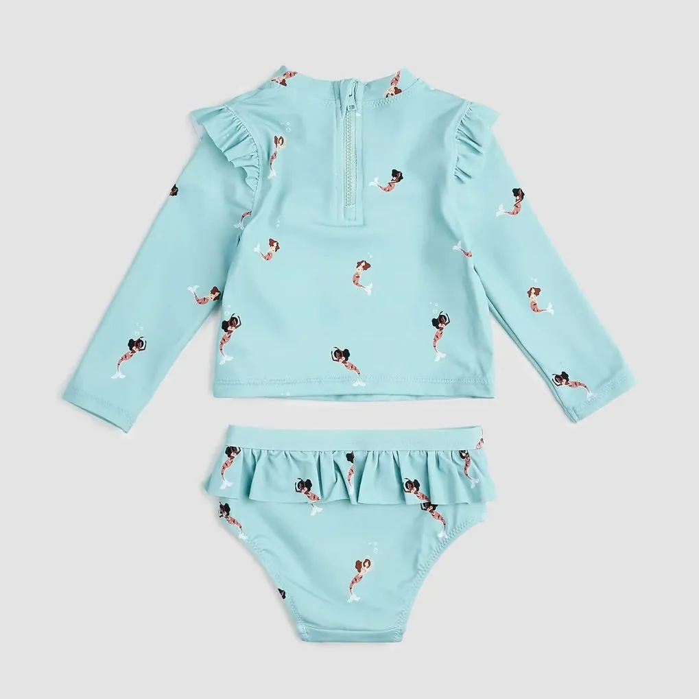 Miles The Label - Mermaid Print On Aqua Long-Sleeve Rashguard Swim Set