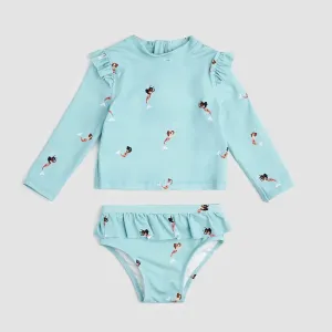 Miles The Label - Mermaid Print On Aqua Long-Sleeve Rashguard Swim Set