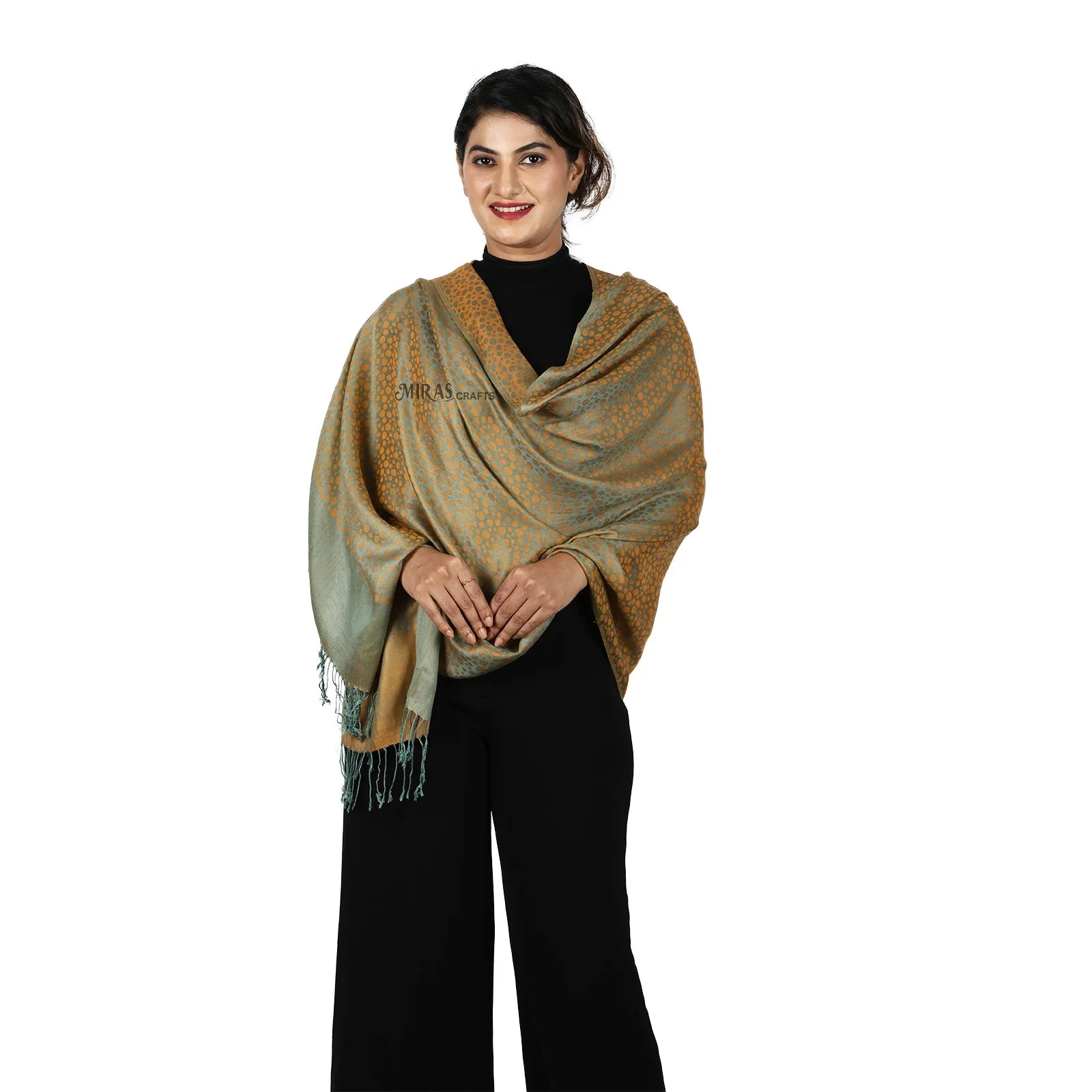 Miras Crafts Women's Self printed Scarf Soft- Gold
