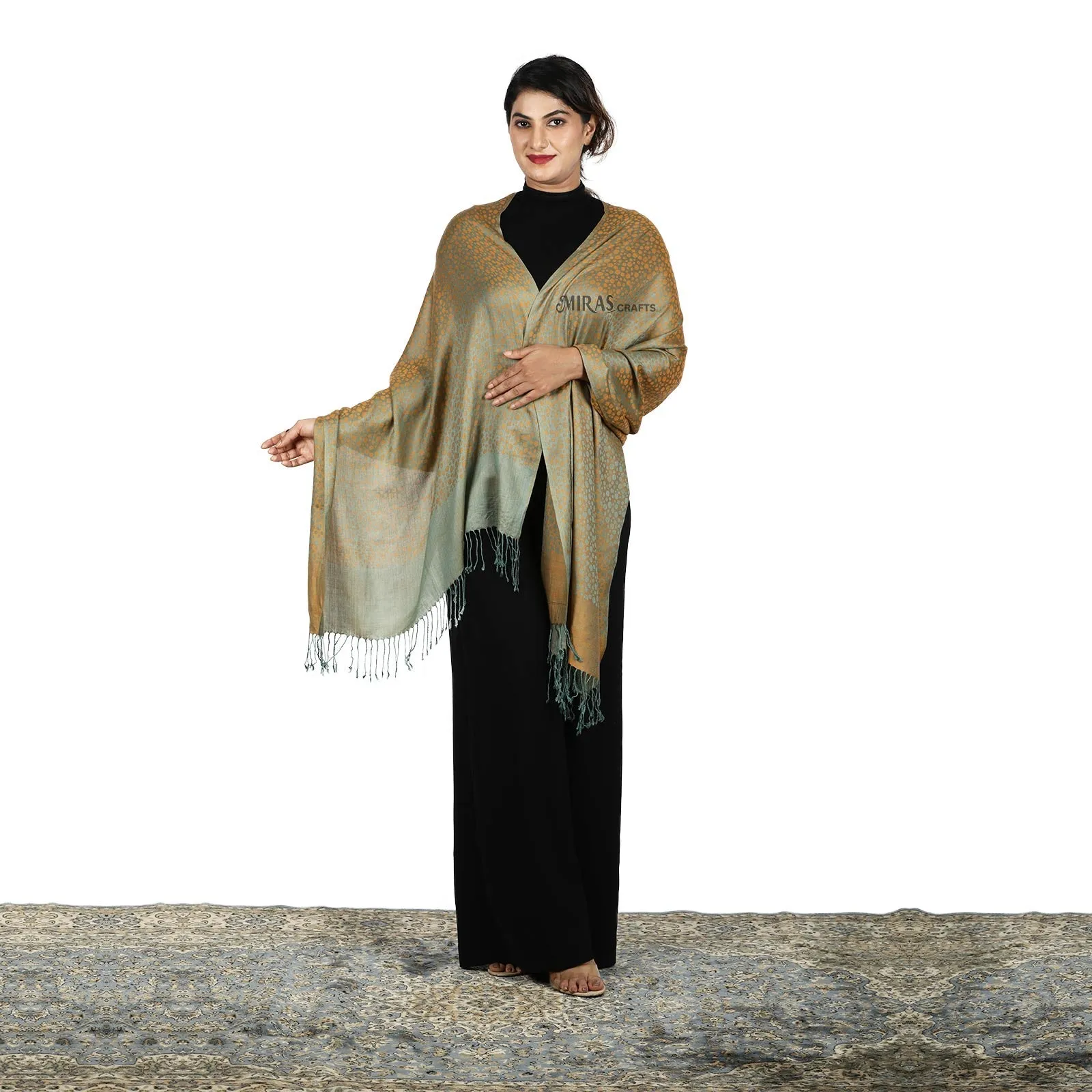Miras Crafts Women's Self printed Scarf Soft- Gold